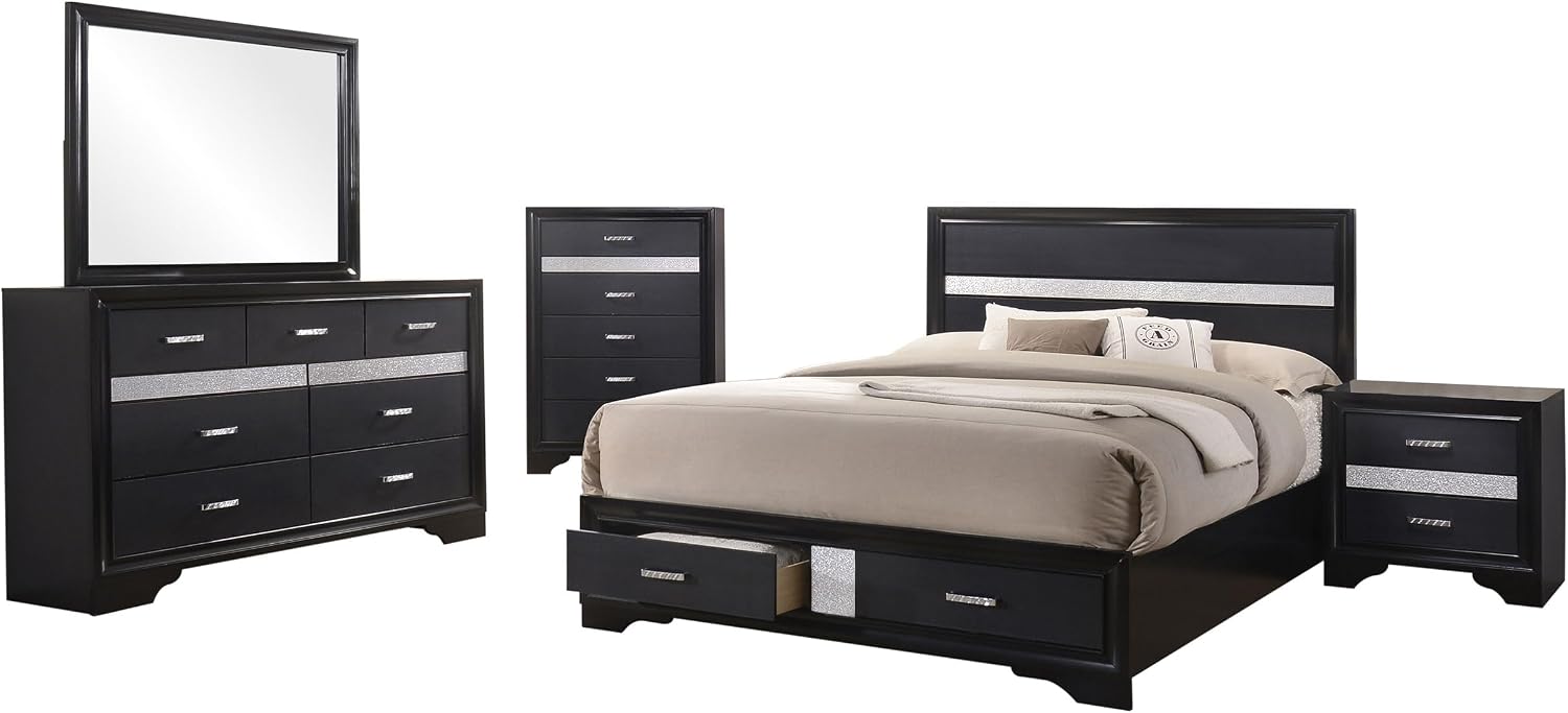 Coaster Home Furnishings Miranda Contemporary 5-Piece Bedroom Set Eastern King Size Storage Panel Bed Frame 50-inch Headboard Black 206361KE-S5