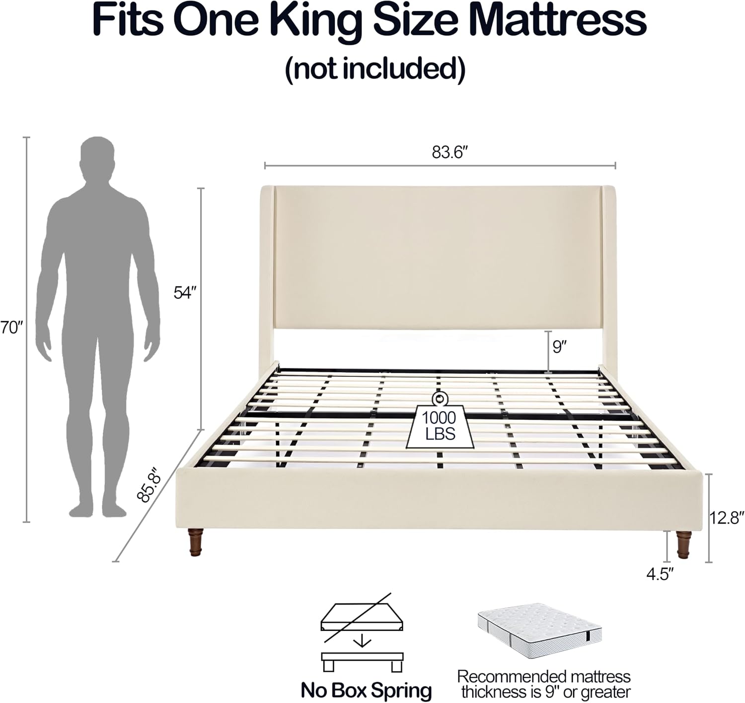 Upholstered Bed Frame King Size, 54' Tall Headboard Wingback Upholstered Platform Bed Frame for Adults Bedroom Strong Wood Slats Support/No Box Spring Needed/Easy Assembly, Beige