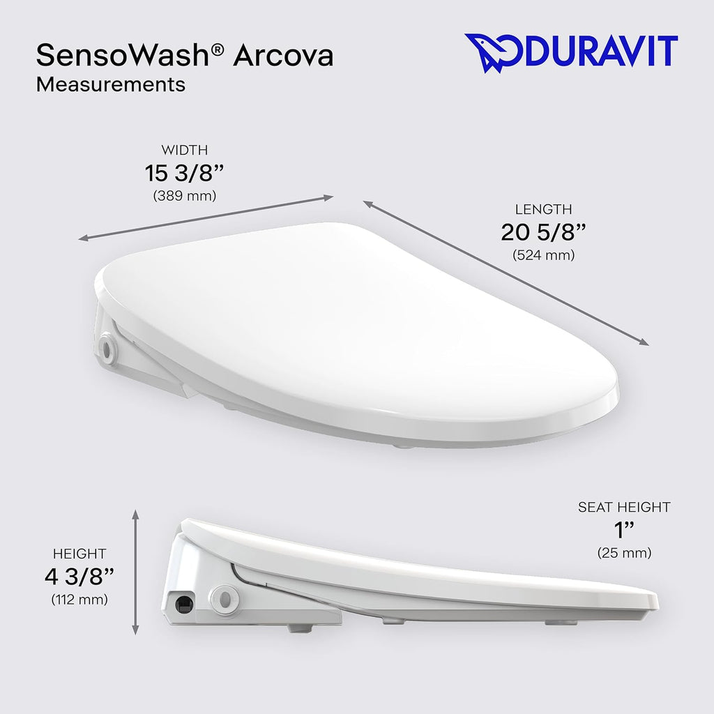 Duravit Sensowash Arcova Elongated Electric Slim Bidet Toilet Seat, Instant Warm Water, Air Dryer, Deodorizer, Heated Slow Close Seat, Stainless Steel Wand, Night Light, Remote Control, White - 600008
