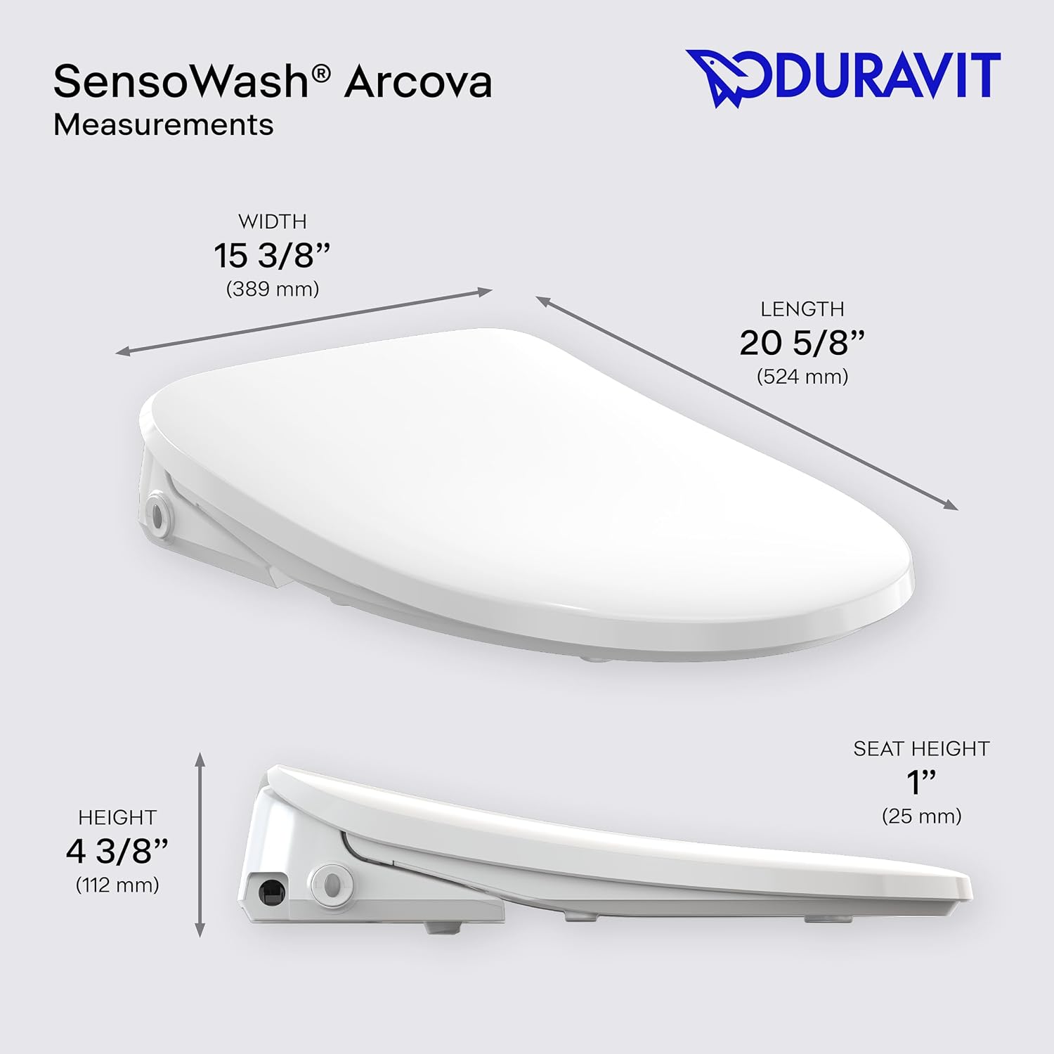 Duravit Sensowash Arcova Elongated Electric Slim Bidet Toilet Seat, Instant Warm Water, Air Dryer, Deodorizer, Heated Slow Close Seat, Stainless Steel Wand, Night Light, Remote Control, White - 600008