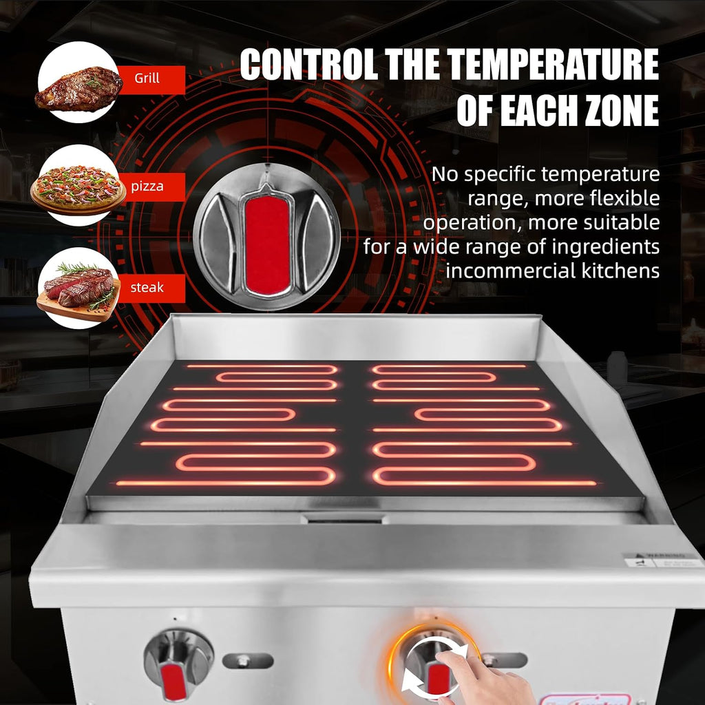 Commercial Gas Griddle - 24' Countertop Griddle. 60,000 BTU Flat Top Griddle, Natural Gas (NG) / Propane, CSA Certified