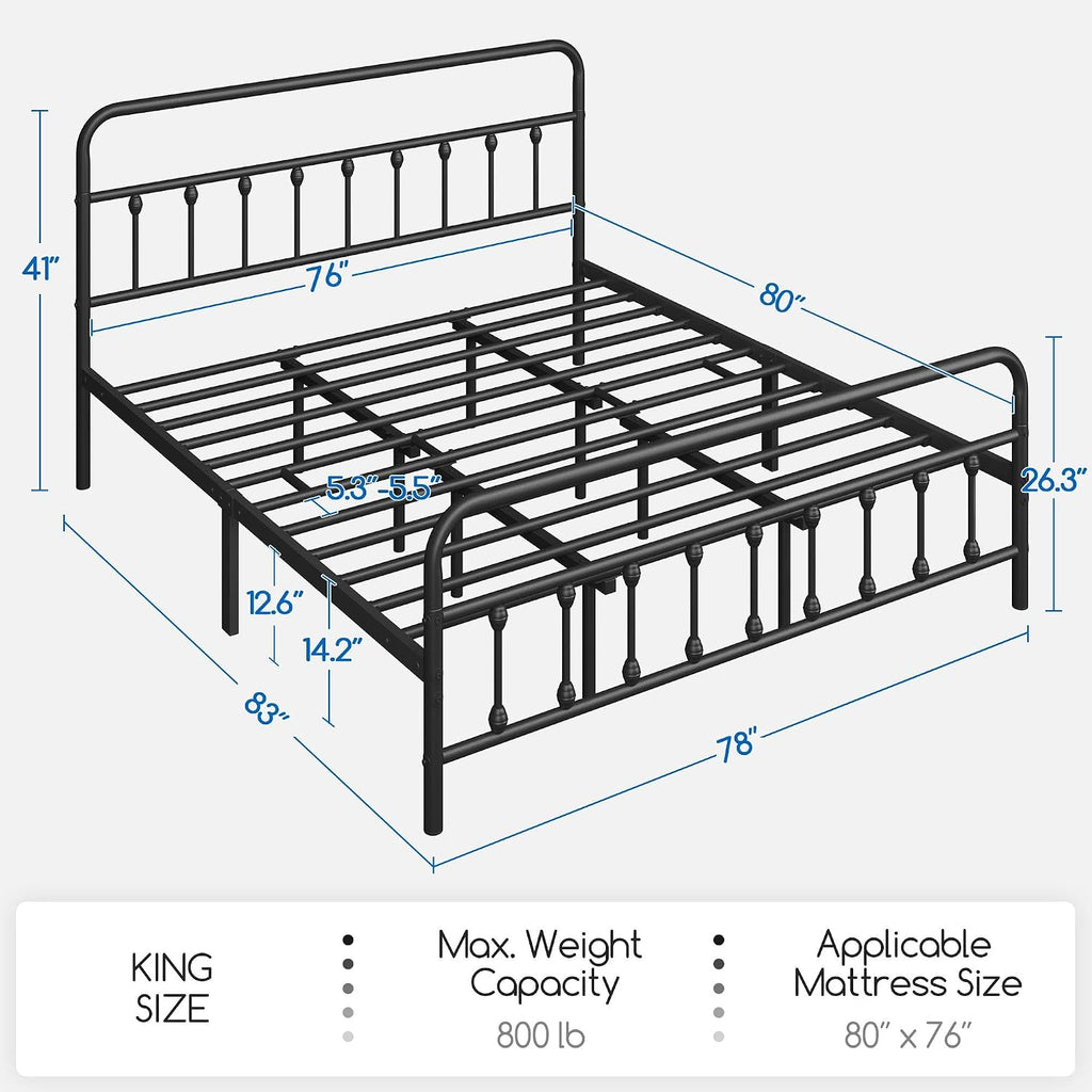Yaheetech Victorian Vintage King Metal Platform Bed Frame, Classic Iron Art Headboard & Footboard, Stable & Noiseless, 12.6 Inch Under Bed Storage, No Box Spring Needed, Easy Assembly, Black