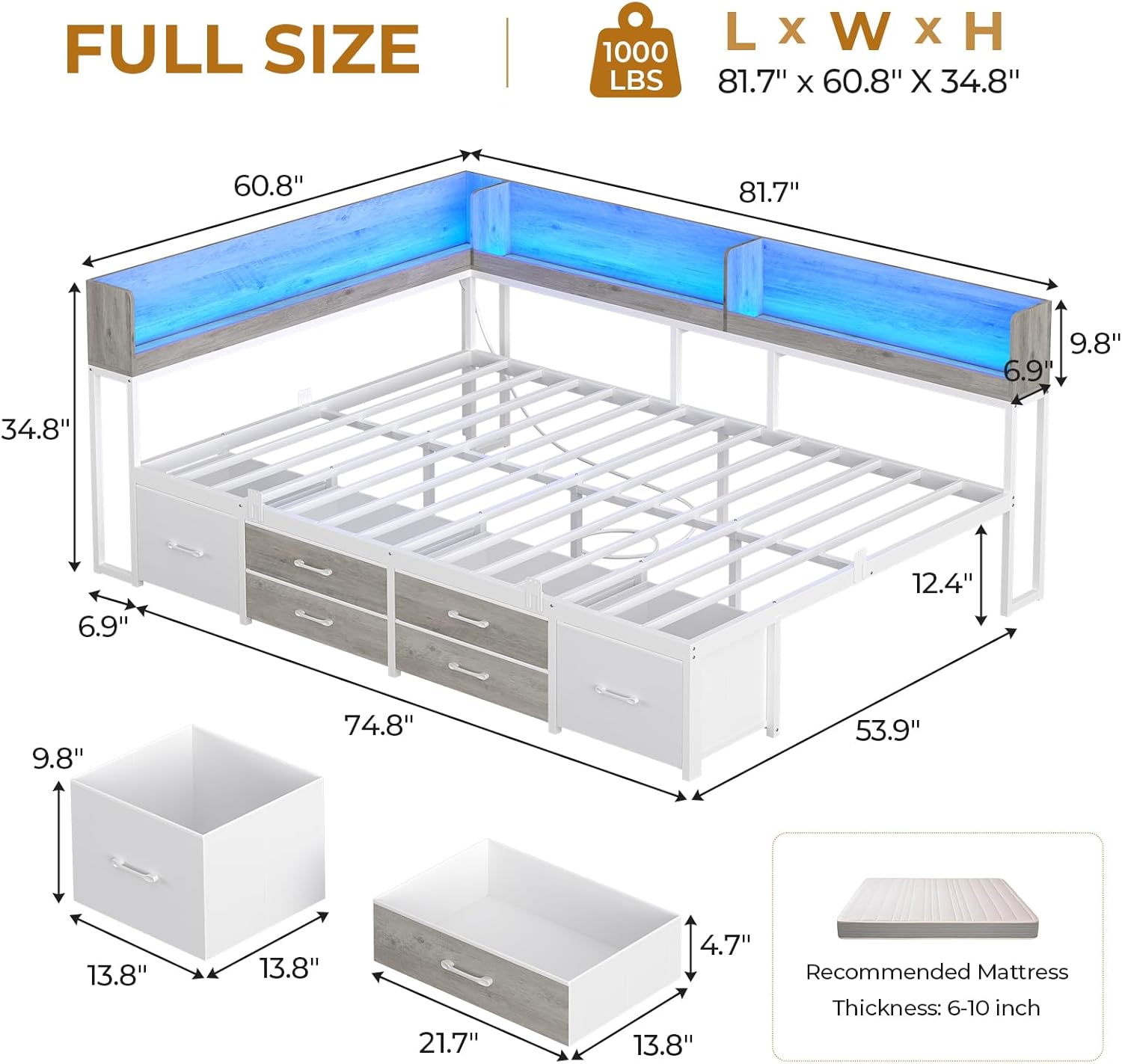 MSmask 14 Inch Corner Bed Frame with Bookcase Storage, Full Daybed with 6 Drawers, Charging Station and LED Light, Full Size Metal Platform Bed Frame for Kids Teenagers, White & Oak Grey