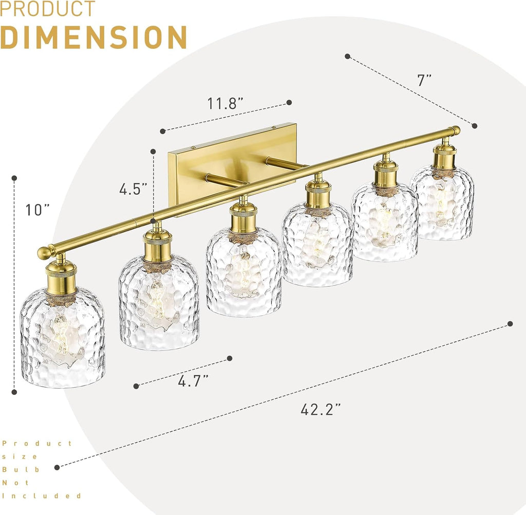 zeyu 42.2'' Modern Bathroom Gold Light Fixture, 6 Light Bathroom Lighting Fixtures Over Mirror Bedroom, Brushed Gold Finish with Clear Hammered Glass, ZJF63B-6W BG