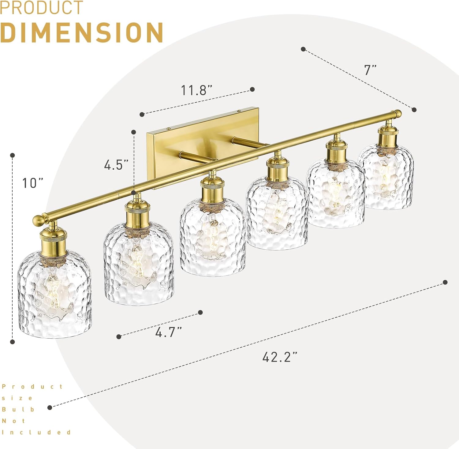 zeyu 42.2'' Modern Bathroom Gold Light Fixture, 6 Light Bathroom Lighting Fixtures Over Mirror Bedroom, Brushed Gold Finish with Clear Hammered Glass, ZJF63B-6W BG