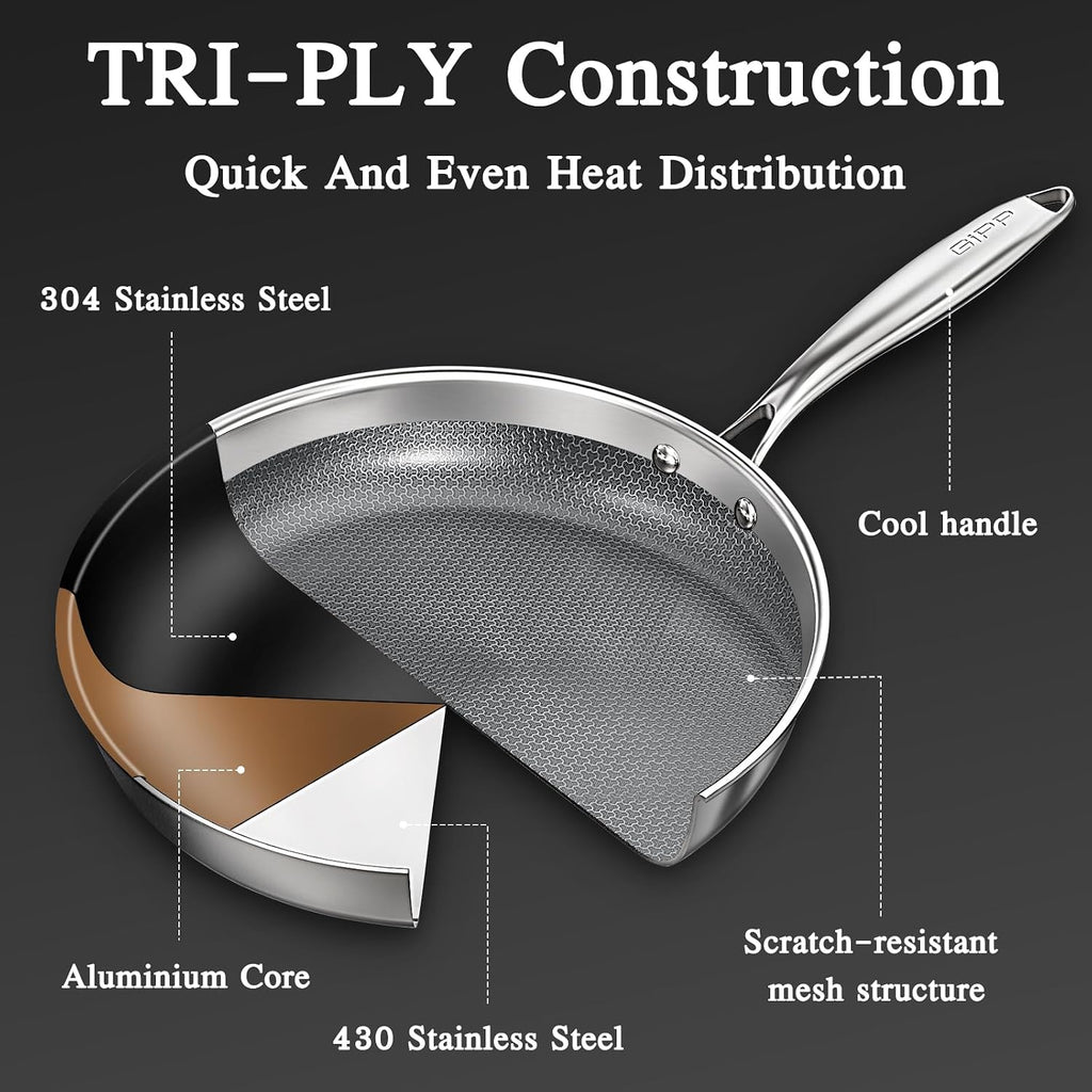 GiPP Tri-Ply Stainless Steel Frying Pan, 10 inch Hybrid Frying Pans Nonstick Skillets, Dishwasher and Oven-Safe, Induction Ready, Compatible with All Cook tops, PFOS/PFOA Free