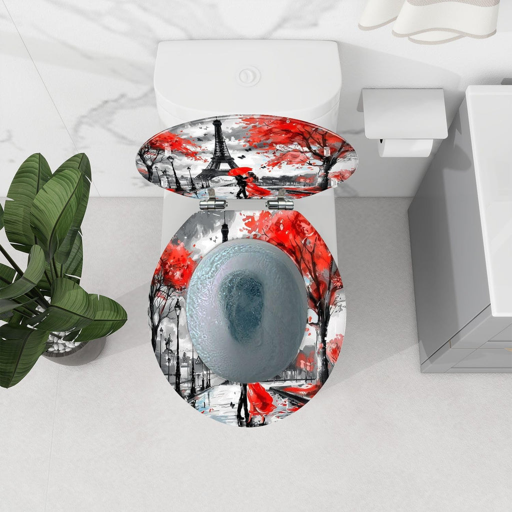 Round Toilet Seat Oil Paris european city landscape France tower Black white red Modern Resin Toilet Seat Quietly Close Quick Release Hinges Decorative Toilet Seat with Cover Easy to Install