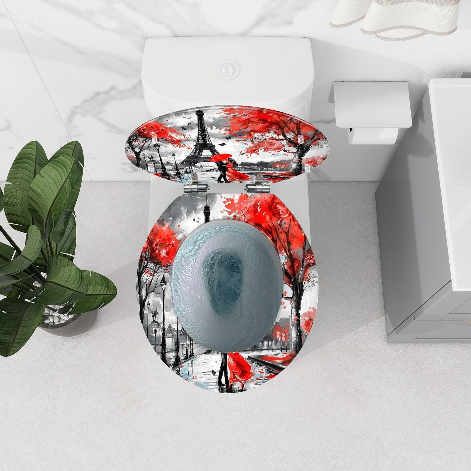 Round Toilet Seat Oil Paris european city landscape France tower Black white red Modern Resin Toilet Seat Quietly Close Quick Release Hinges Decorative Toilet Seat with Cover Easy to Install