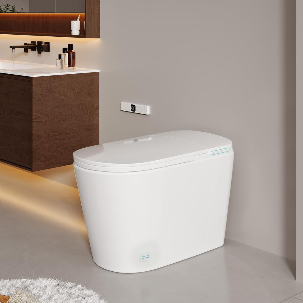 Smart Toilet with Tank, Luxury Electric Bidet Toilet with Cleaner Tablets, Elongated Heated Seat, Dual Auto Flush/Lid&Seat, Foot Sensor, UV-C light, One Piece Toilets with Dryer, LED Display