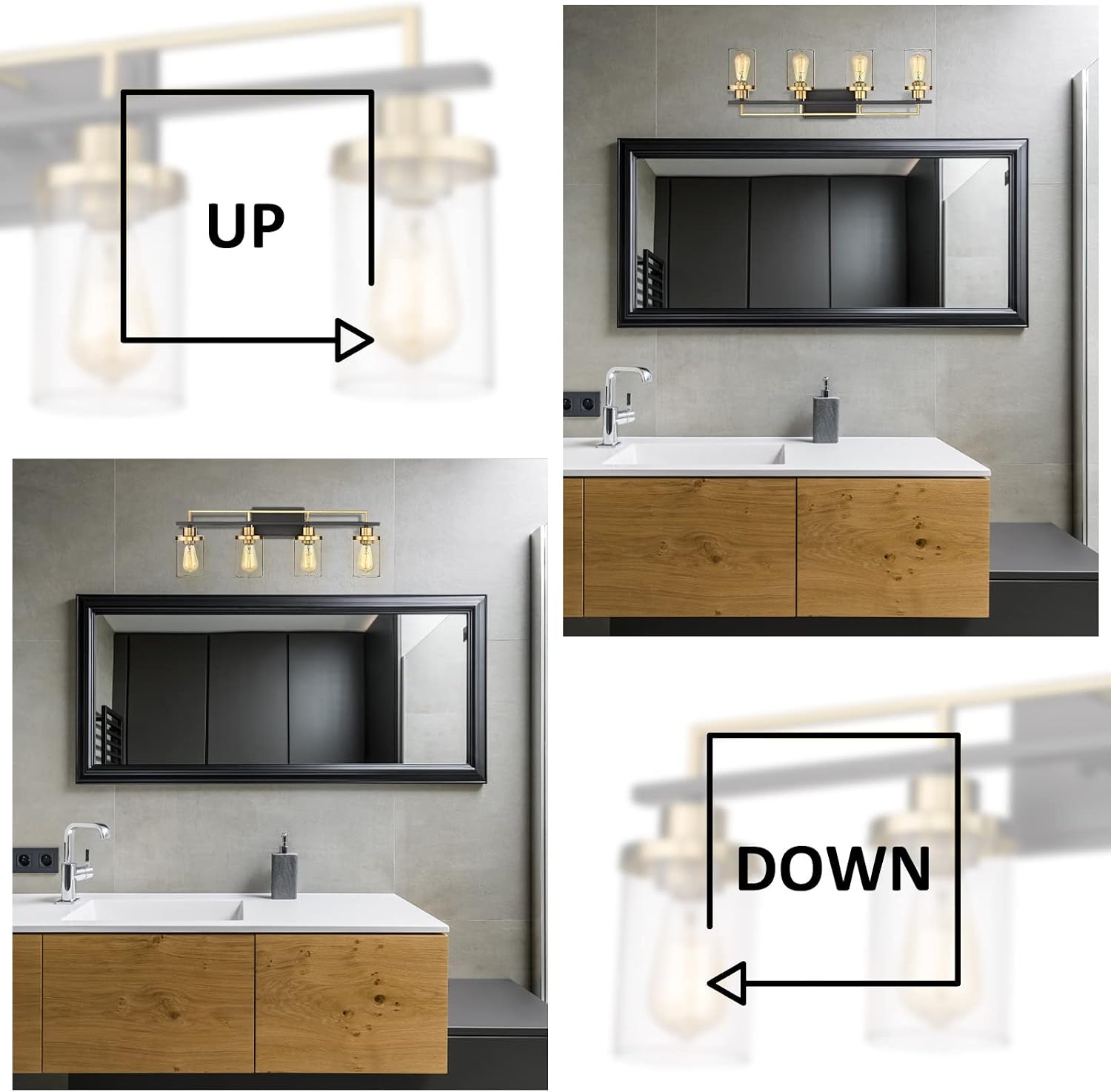 Emliviar Modern Bathroom Vanity Light - 4-Light Wall Lights for Bathroom, Black and Gold Finish with Clear Glass, YCE238B-4W BK+BG