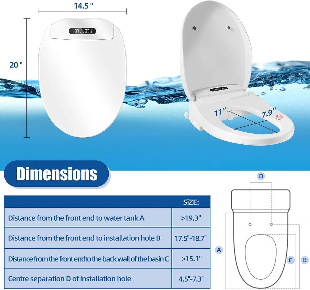Electric Bidet Toilet Seat, Heated Toilet Seat Elongated with Instant Warm Water & Dryer, Feminine & Front Rear Wash, Wireless Remote, Self-Clean Nozzle, Slow Close Lid, Upgraded Silent ECO