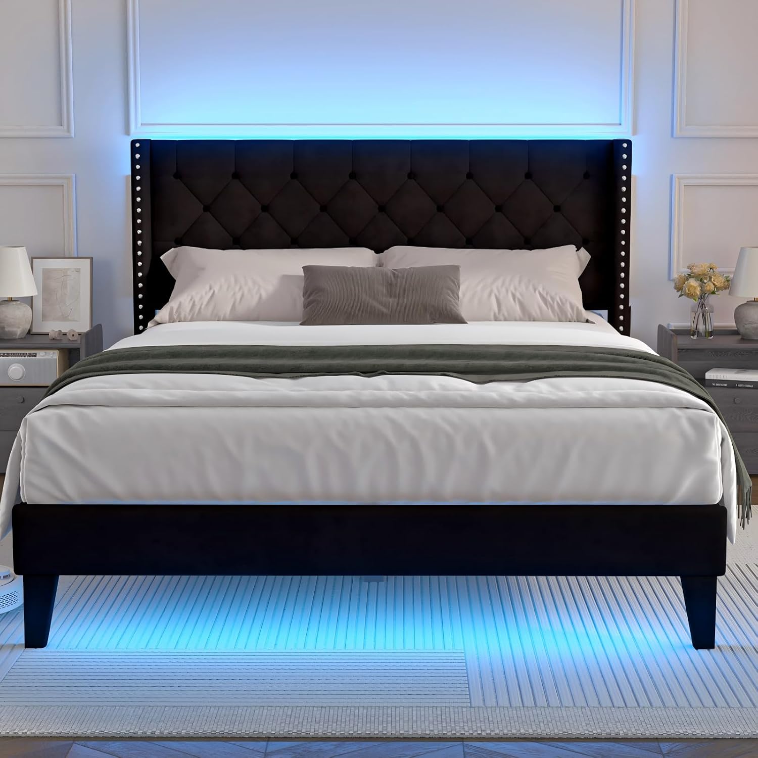 Lihimte Full Size Bed Frame with Led Lights, Upholstered Velvet Platform Bed Frames with Button Tufted Wingback Headboard and Footboard, Wooden Slats Support, No Box Spring Needed, Black