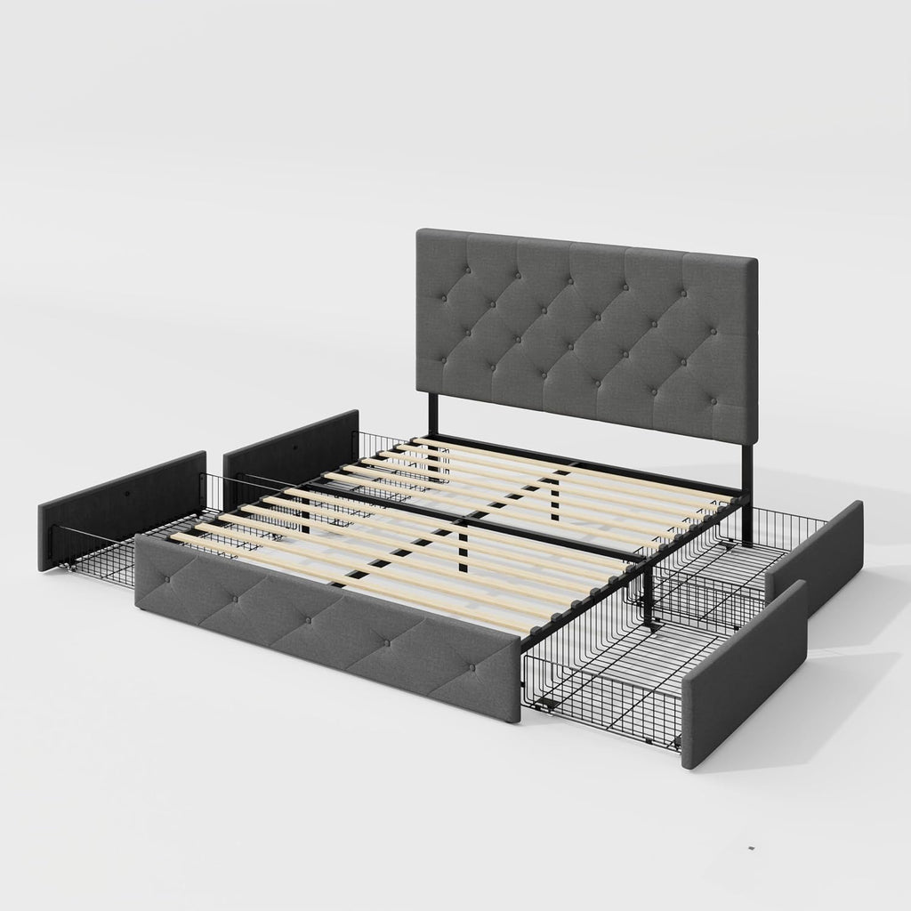 Allewie Upholstered Full Size Platform Bed Frame with 4 Storage Drawers and Headboard, Diamond Stitched Button Tufted, Mattress Foundation with Wooden Slats Support, No Box Spring Needed, Light Grey