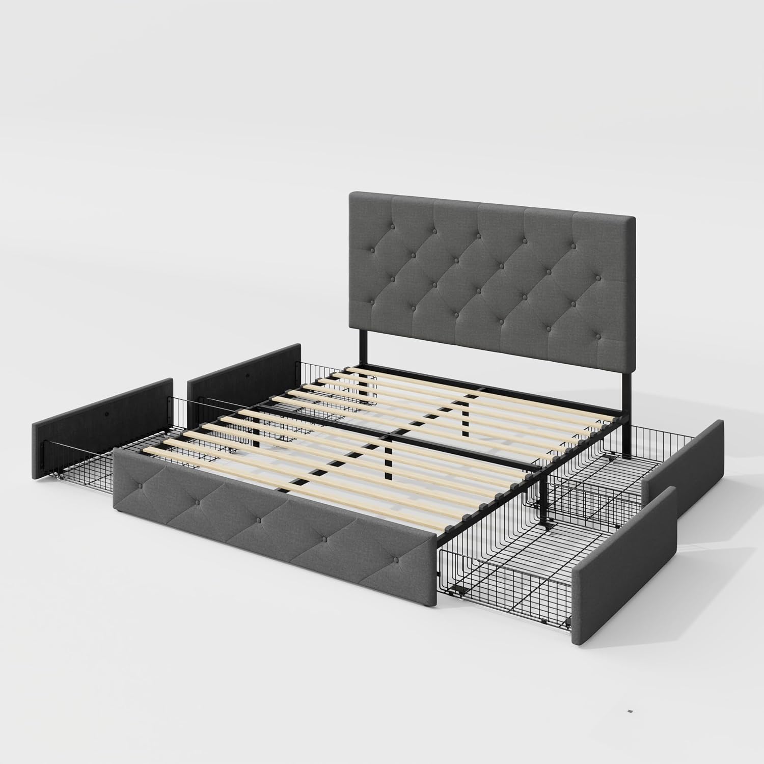 Allewie Upholstered Queen Size Platform Bed Frame with 4 Storage Drawers and Headboard, Diamond Stitched Button Tufted Mattress Foundation with Wooden Slats Support, Light Grey