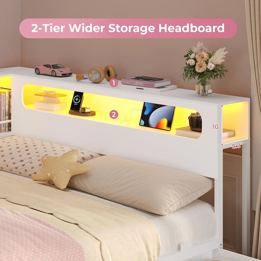 ADORNEVE Twin Corner Bed Frame with Bookcase Storage & LED Light Headboard, Charging Station, Metal Daybed with 3 Drawers & 2 Open Cubbies, for Small Bedrooms, White
