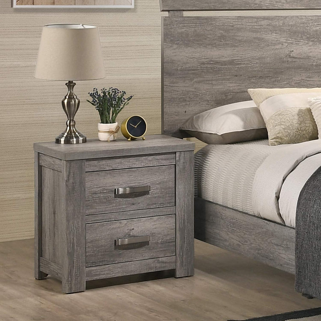 Roundhill Furniture Floren Weathered Gray Wood 3-Piece Bedroom Set, Bed with 2 Nightstands, King