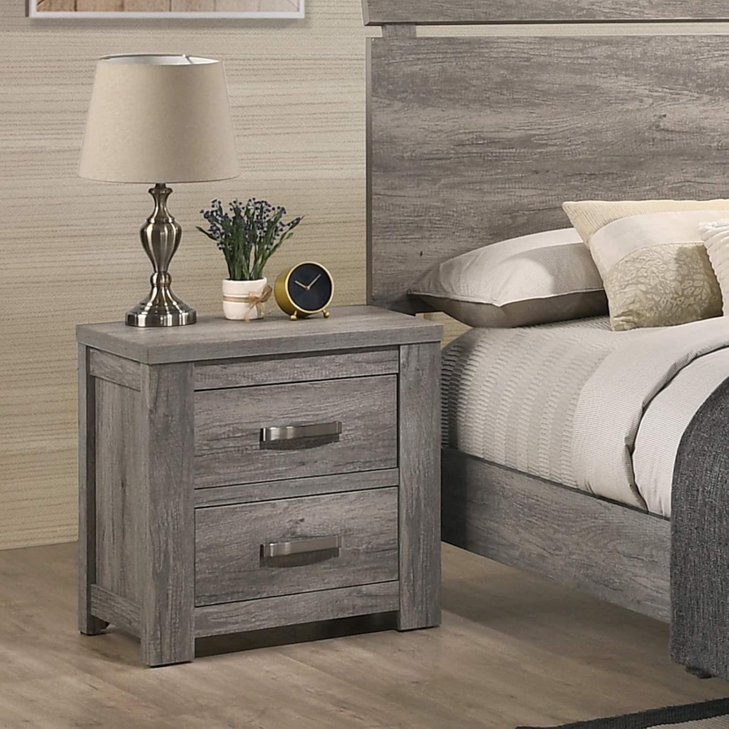Roundhill Furniture Floren Weathered Gray Wood 3-Piece Bedroom Set, Bed with 2 Nightstands, Queen