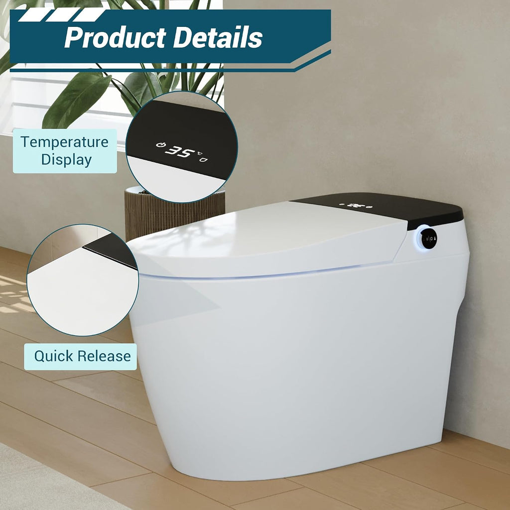 Garvee Smart Toilet with Bidet, One-Piece Design, Heated Seat & Auto Open/Close Lid, Foot Sensing & Automatic Flush, Warm Water Wash & Dryer, LED Display & Night Light, Built-in Tank (White/Black)