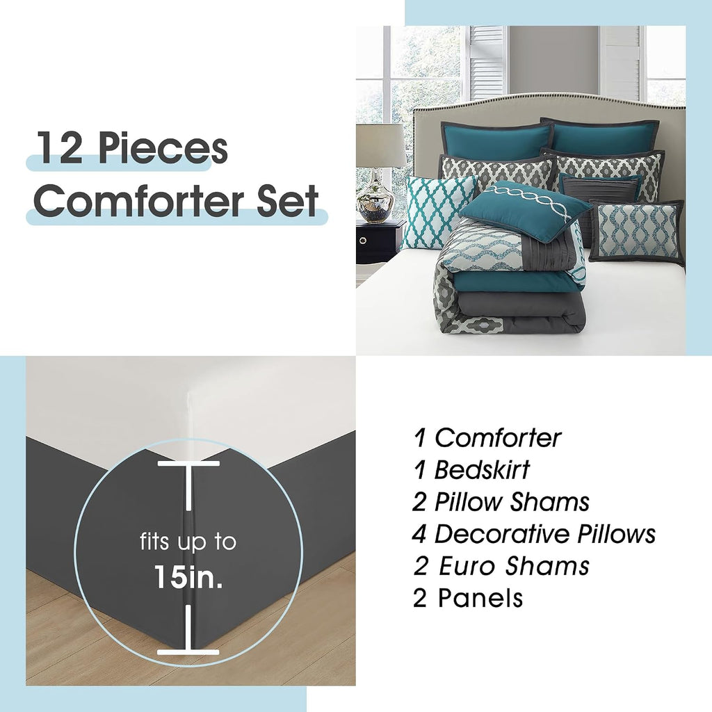 LANCO MODERN LIFESTYLE California King Comforter Set, Blue, 12 Piece Room in a Bag All Seasons, Luxury Extreme Comfort Bedding Sets with Curtains, Bedskirt, Pillow Shams, Euro Shams and Decor Pillows