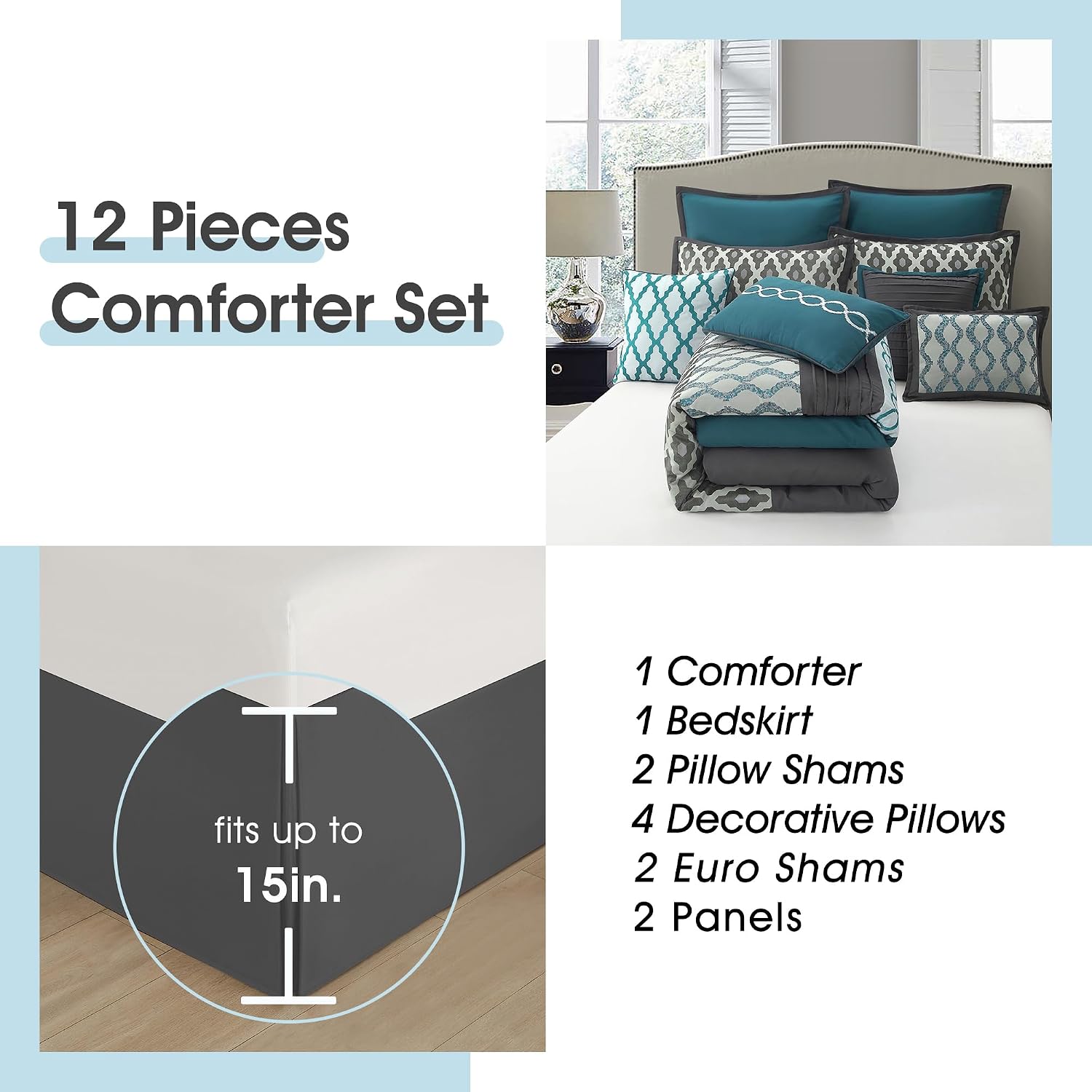 LANCO MODERN LIFESTYLE California King Comforter Set, Blue, 12 Piece Room in a Bag All Seasons, Luxury Extreme Comfort Bedding Sets with Curtains, Bedskirt, Pillow Shams, Euro Shams and Decor Pillows