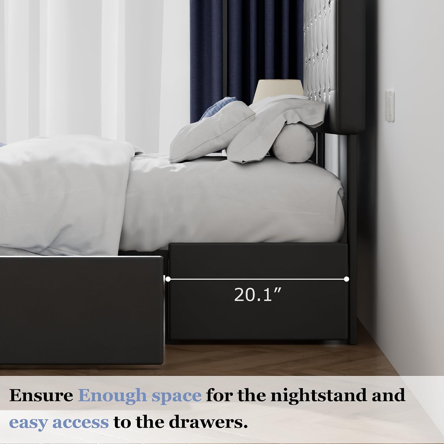 VECELO Full Size Bed Frame with 3 Storage Drawers, Leather Upholstered with Diamond Tufted Headboard, Solid Wood Slat Support & Steel Framework, Black