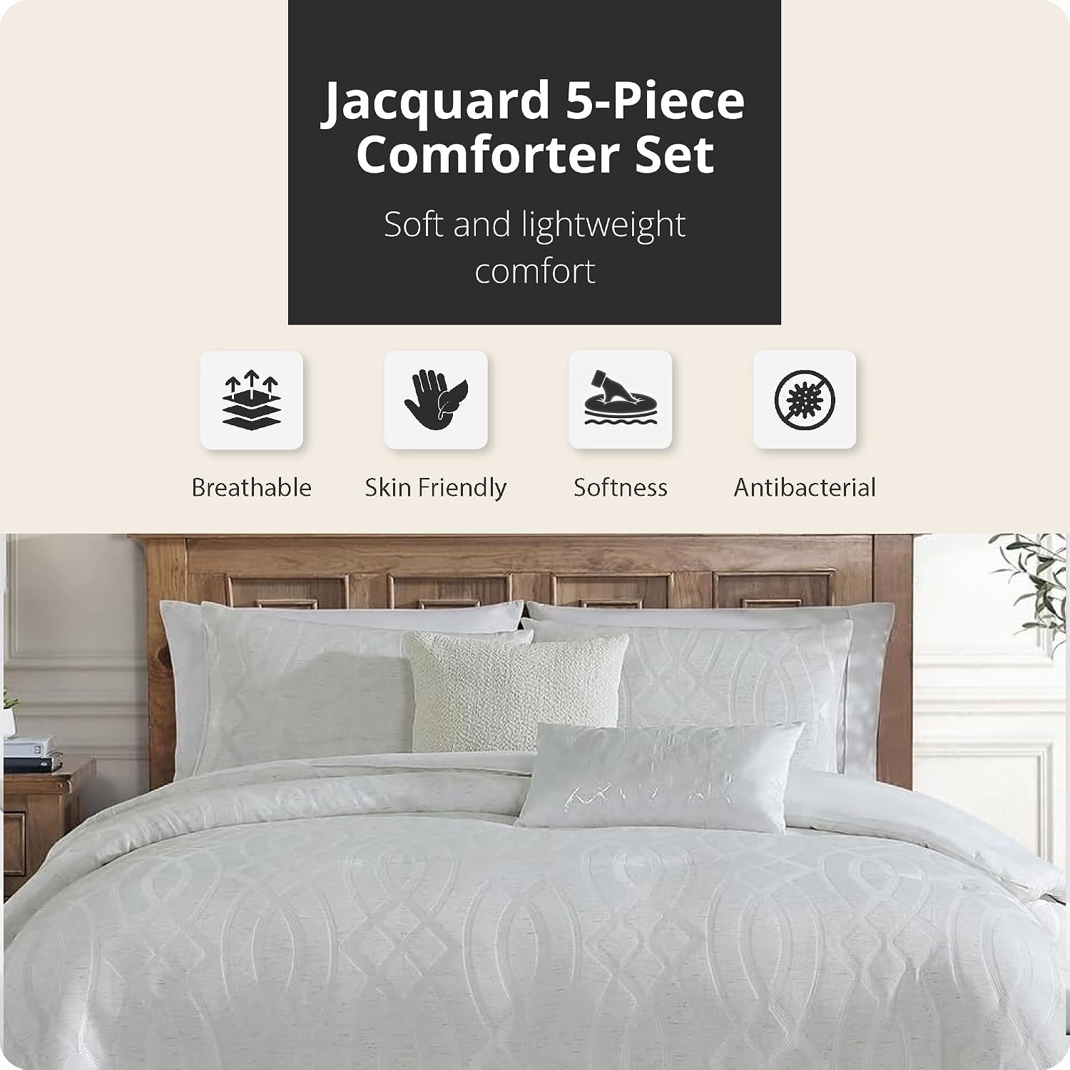 Tahari Home King Size Jacquard Comforter Set - 5 Piece | Comforter, 2 Shams, 2 Decorative Pillows | Elegant Home Decor | Soft, Durable & Breathable | Wrinkle Resistant | Trellis Gray
