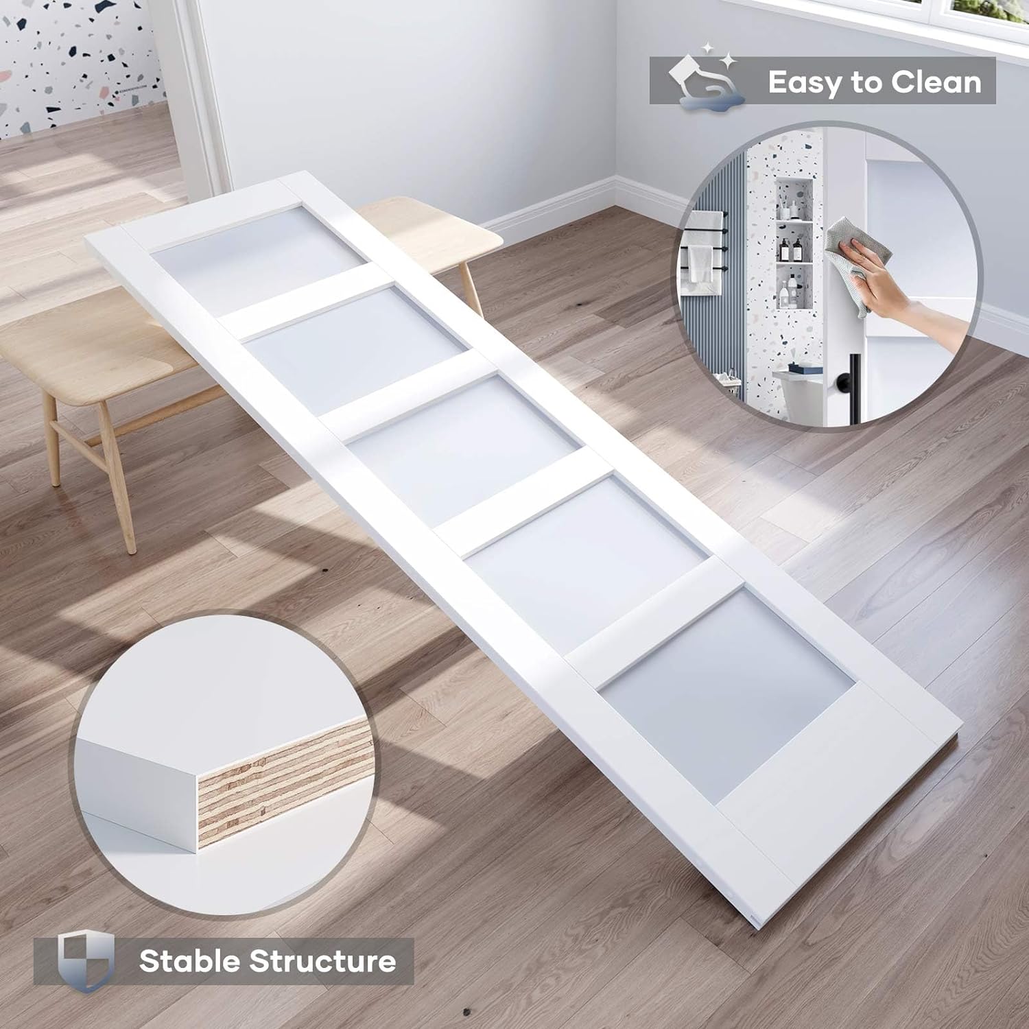 24x84 Inch Glass Sliding Barn Door Slab and 4ft Hardware Kit Included, 5 Frosted Glass, LVL Wood Panel Covered with White Water-Proof Scratch-Proof PVC Surface, Simple DIY Assembly