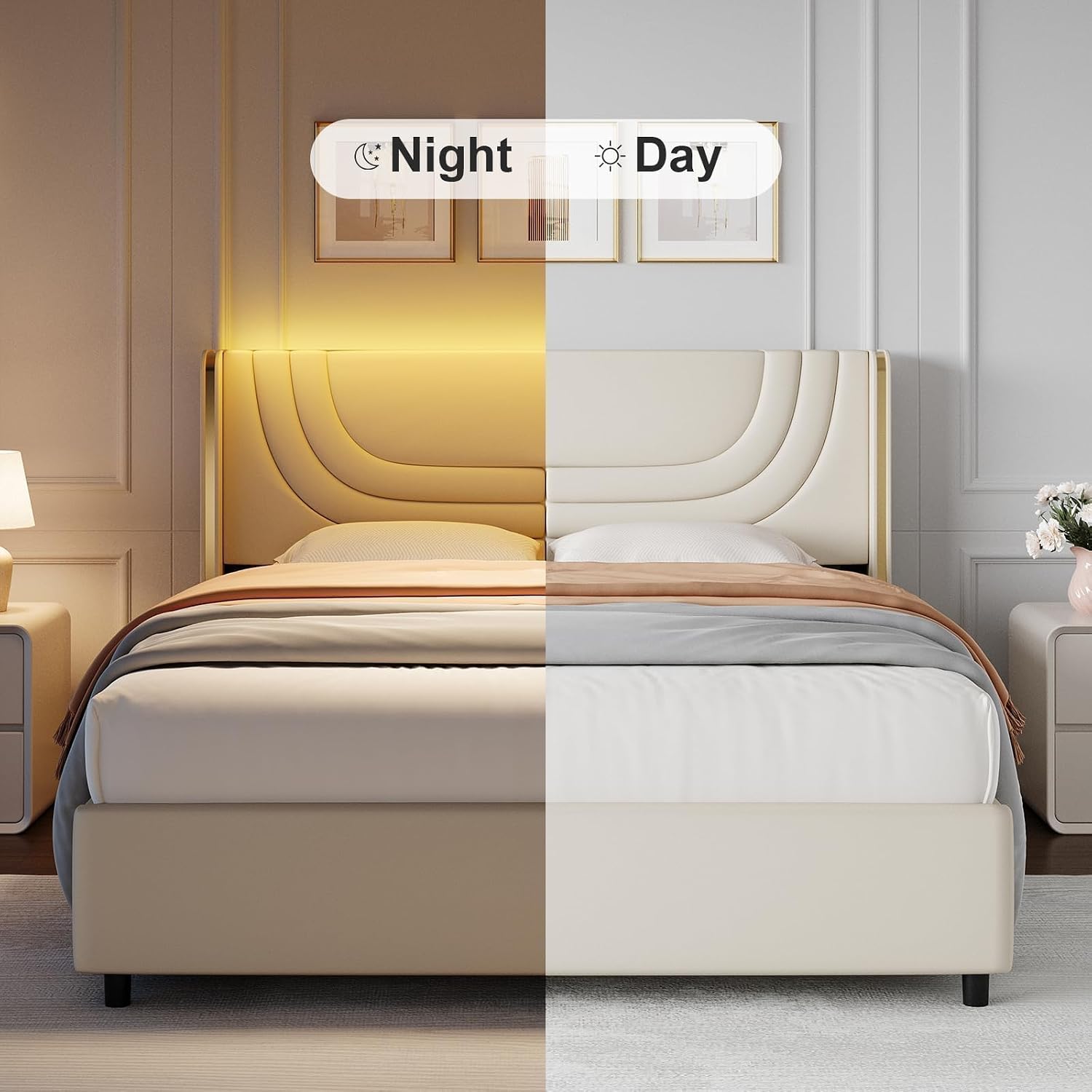 REVOMINCA Full Size Bed Frame with LED Lights, Faux Leather Upholstered Platform with Silver Wingback Headboard, Modern Style, No Box Spring Needed, Easy Assembly, Cream