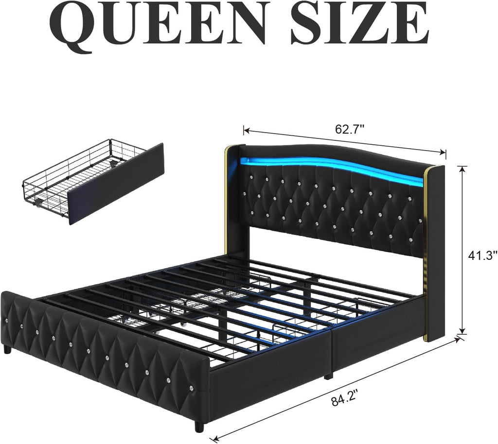 E-Motie Queen Bed Frame with Wingback Headboard, Upholstered Platform Bed with RGB LED Lights, Charging Station, 4 Storage Drawers & Metal Slat Support, No Box Spring Needed, Black