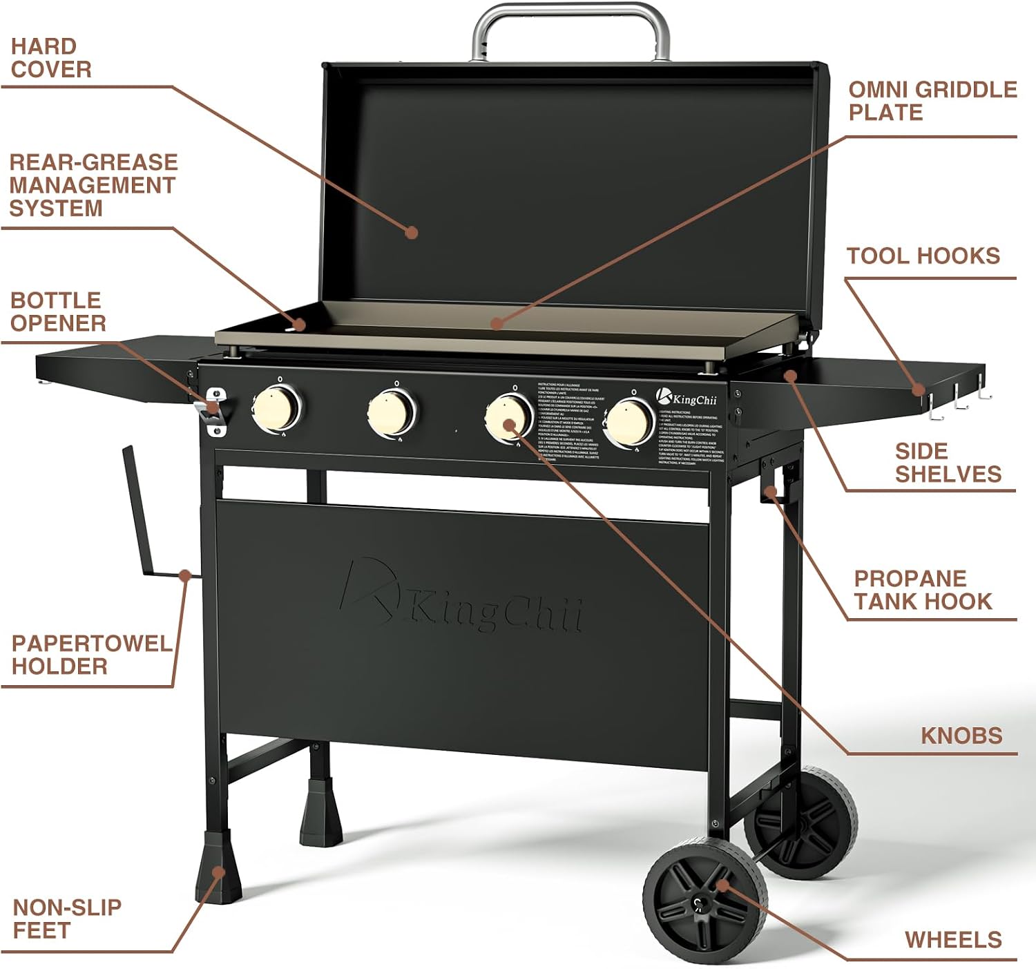 KingChii 32' 4-Burner Griddle with Integrated Protective Hood and Counter Height Side Shelves, Powder Coated Steel, for Breakfast, BBQ & Grilling w/Steel Cooking Surface,Black