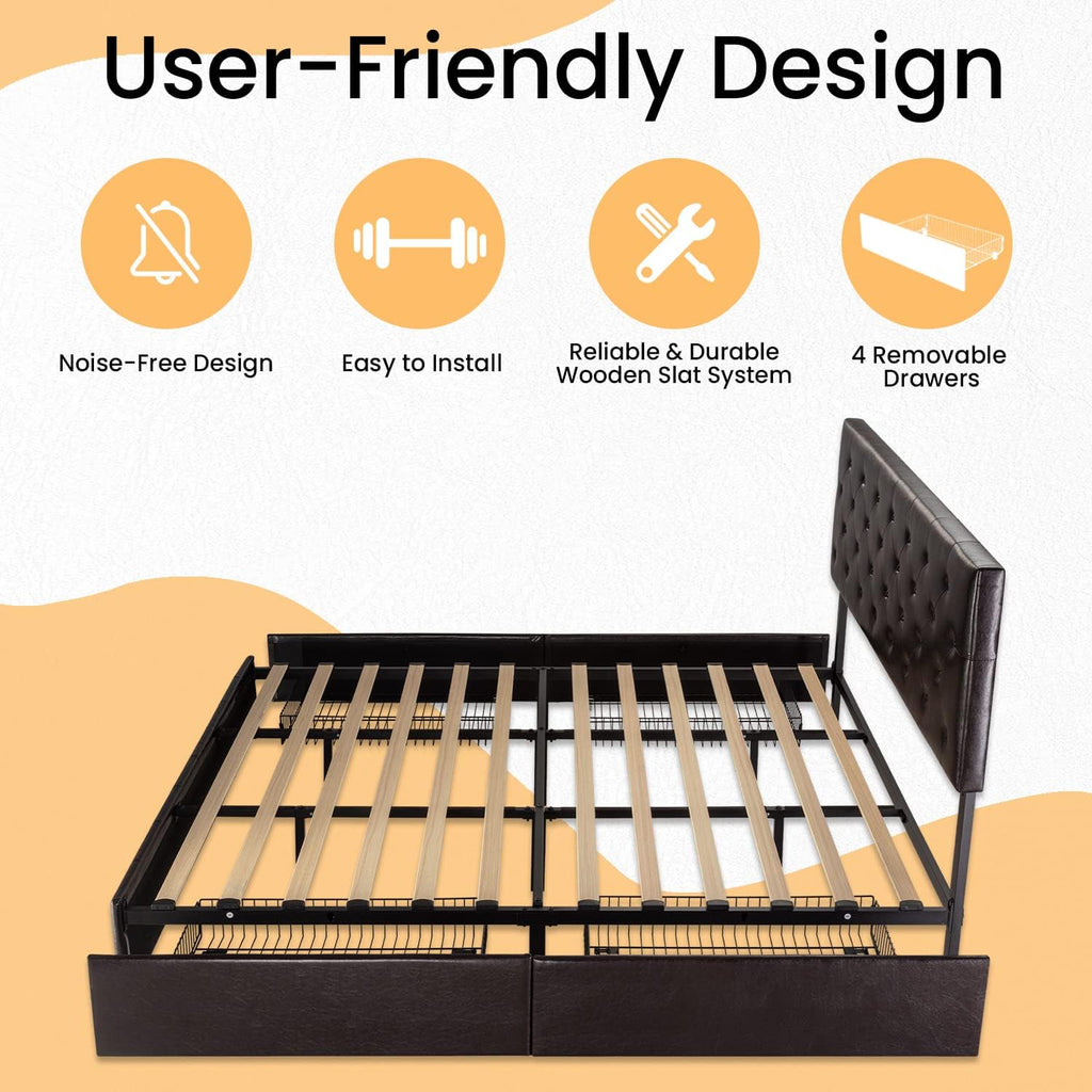 SHA CERLIN Upholstered King Size Platform Bed Frame with 4 Storage Drawers, Adjustable Headboard with Diamond Stitched Button Tufted Design, Wooden Slat Support, No Box Spring Needed, Black Brown