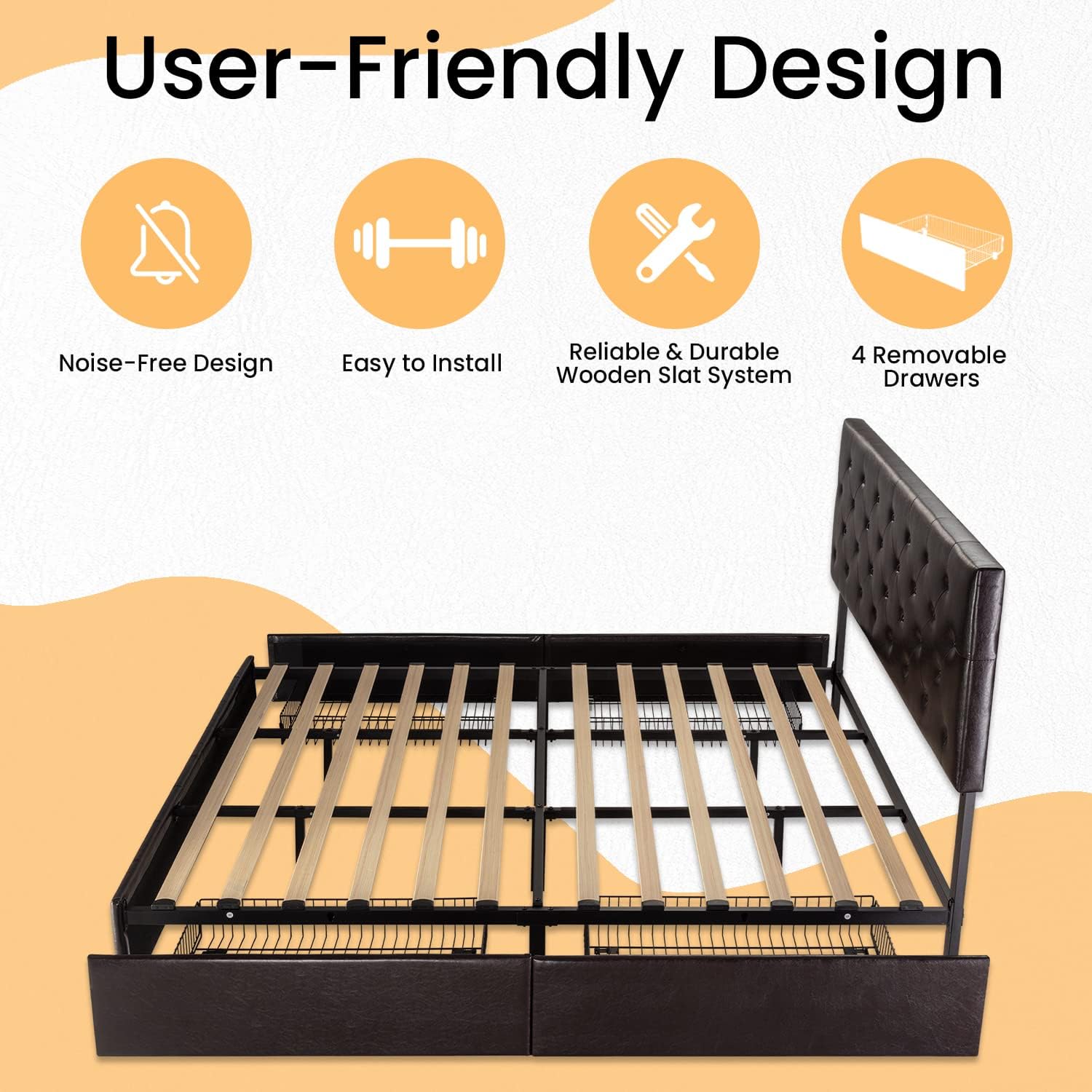 SHA CERLIN Upholstered King Size Platform Bed Frame with 4 Storage Drawers, Adjustable Headboard with Diamond Stitched Button Tufted Design, Wooden Slat Support, No Box Spring Needed, Black Brown