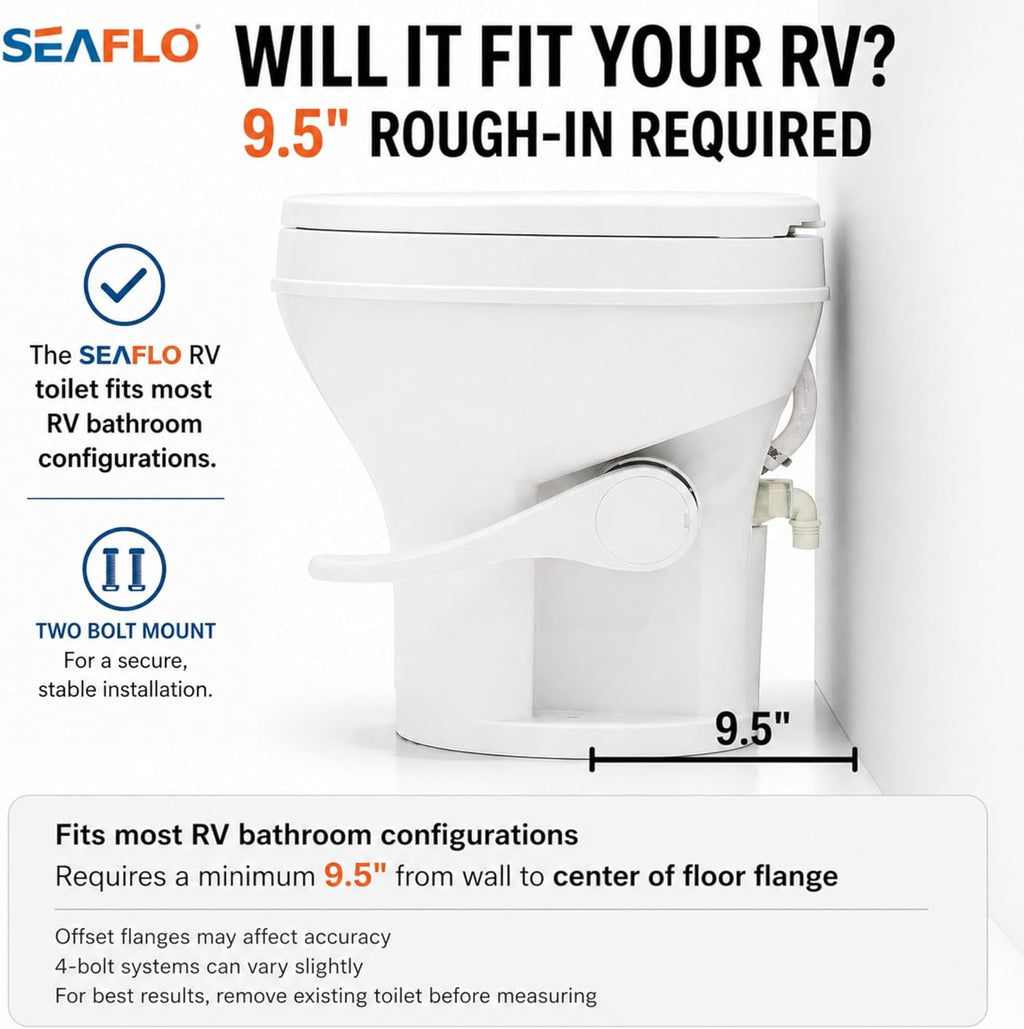 SEAFLO RV Toilet, Residential Height 18.4', Gravity Flush Foot Pedal, Soft Close Seat, Camper Toilet for RV Motorhome Travel Trailer, White, SFRTPH-01-01, 4-Year Warranty