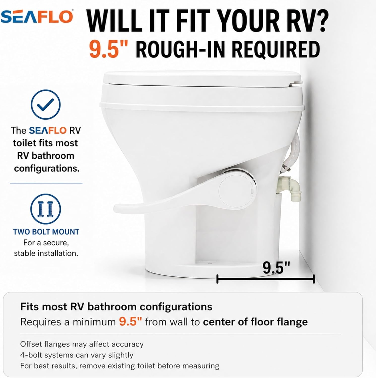 SEAFLO RV Toilet, Residential Height 18.4', Gravity Flush Foot Pedal, Soft Close Seat, Camper Toilet for RV Motorhome Travel Trailer, White, SFRTPH-01-01, 4-Year Warranty