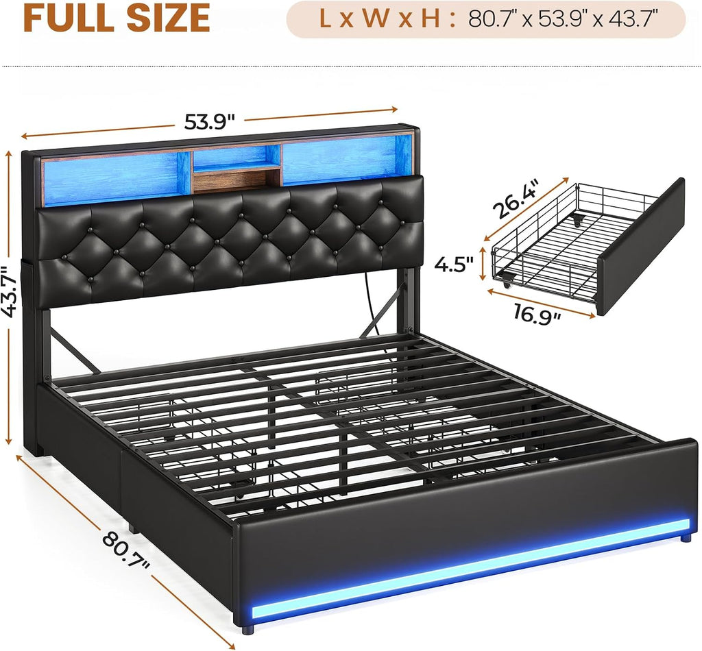 BTHFST LED Bed Frame Full Size with Charging Station & 4 Drawers, Full Size Bed Frame with Headboard Storage, Upholstered Metal Bed Full, No Box Spring Needed, Black PU