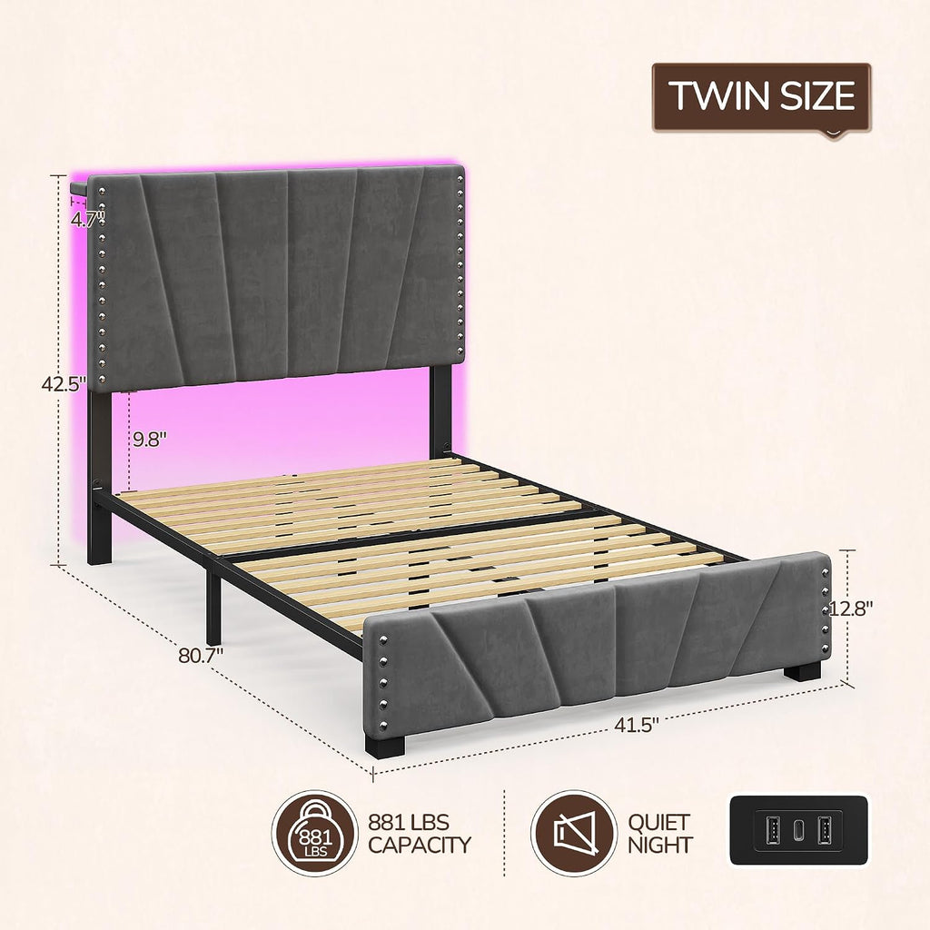EnHomee Twin Platform Bed Frame with Velvet Upholstered Adjustable Headboard, LED Lights, and Charging Station for Bedroom, Apartment, and Dorm, No Box Spring Needed, Noise-Free, Easy Assembly, Gray