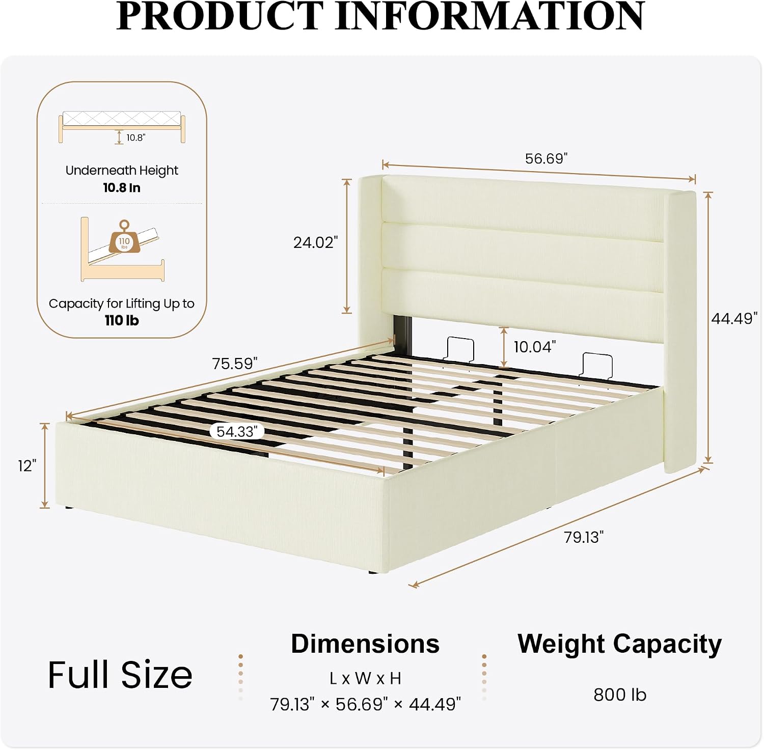 SHA CERLIN Full Size Lift Up Storage Bed/Chenille Fabric Upholstered/Modern Wingback Headboard/Platform Bed Frame/Hydraulic Storage/No Box Spring Needed/Wood Slats Support/Cream