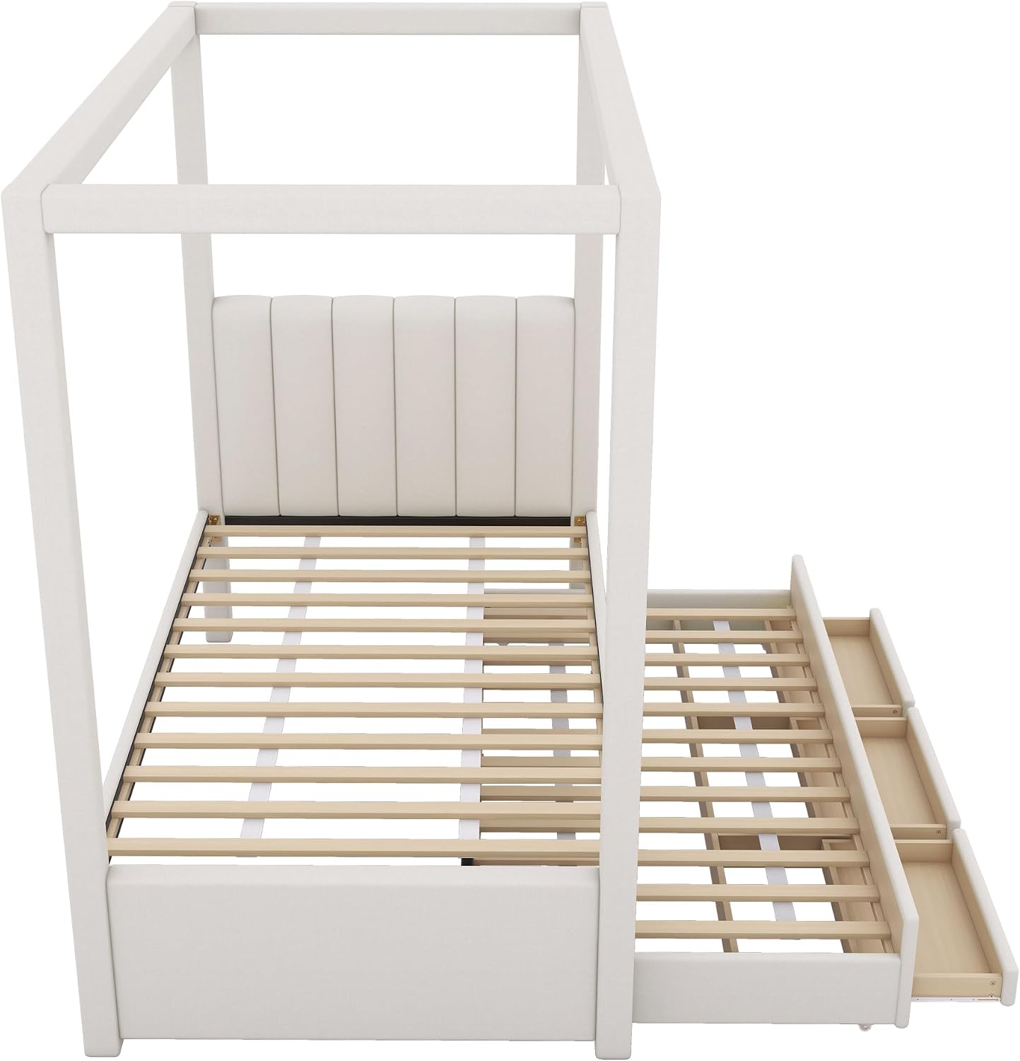 Twin Size Linen Upholstered Canopy Bed with Trundle and 3 Storage Drawers for Bedroom, Guest Room (Twin)