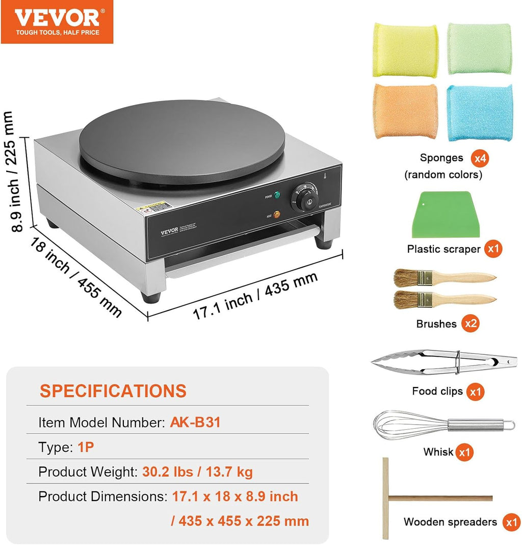 VEVOR Electric Crepe Maker, 16-Inch Commercial Crepe Machine, 1700W Flat Plate Crepe Griddle, Nonstick Stainless Steel Pancake Making Machine, Desktop Circular Cereals Pancake Stove with Temp Control