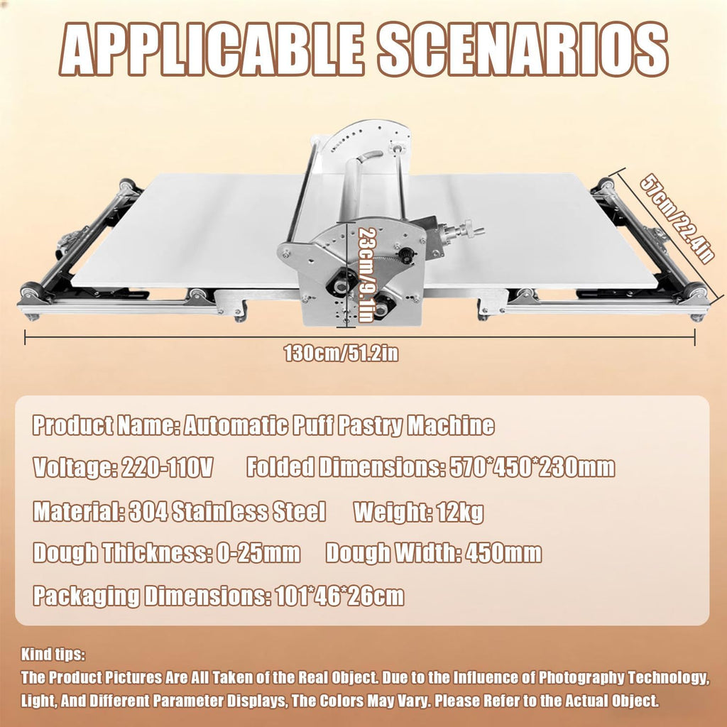 Foldable Dough Sheeter, Electric Pastry Dough Sheeter, Stainless Steel, 2-25 Mm Adjustable Height, 450mm Dough Width, Forward/Reverse Rotation, Stepless Adjustment, For Croissants, Puff Pastry