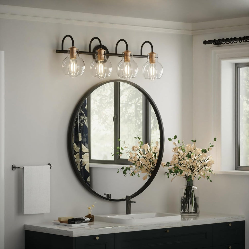 4 Light Bathroom Light, Black and Red Copper Bathroom Vanity Fixtures Over Mirror, Modern Copper Vanity Light with Clear Glass Shade, Black Wall Sconce for Bathroom, Bedroom