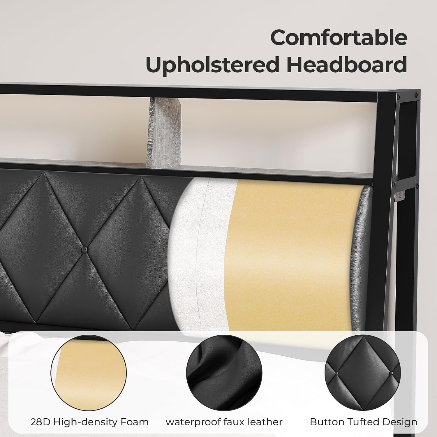 Queen Headboard Only, Headboard for Queen Size Bed with Storage, Upholstered Headboards with LED Lights & Charging Station, Attach Frame, Ideal for Bedroom/Dorm/Guest Room, Black, Faux Leather