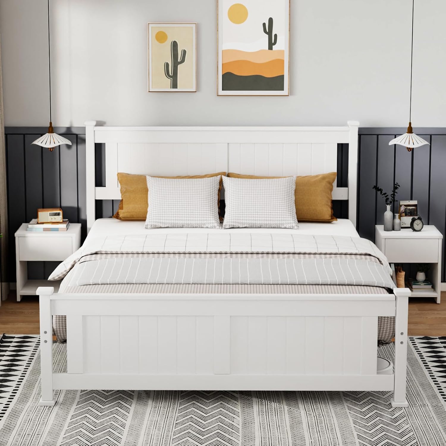 VINGLI Queen Bed Frame with Headboard Wood Platform Panel Bed,Heavy Duty Bed Slat No Box Spring Needed, White