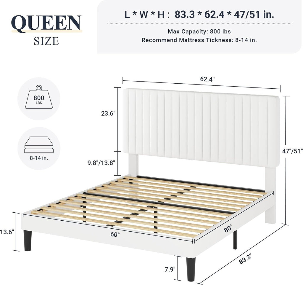Allewie Queen Bed Frame, Velvet Upholstered Platform Bed with Adjustable Vertical Channel Tufted Headboard, Mattress Foundation with Strong Wooden Slats, Box Spring Optional, Easy Assembly, Off-White