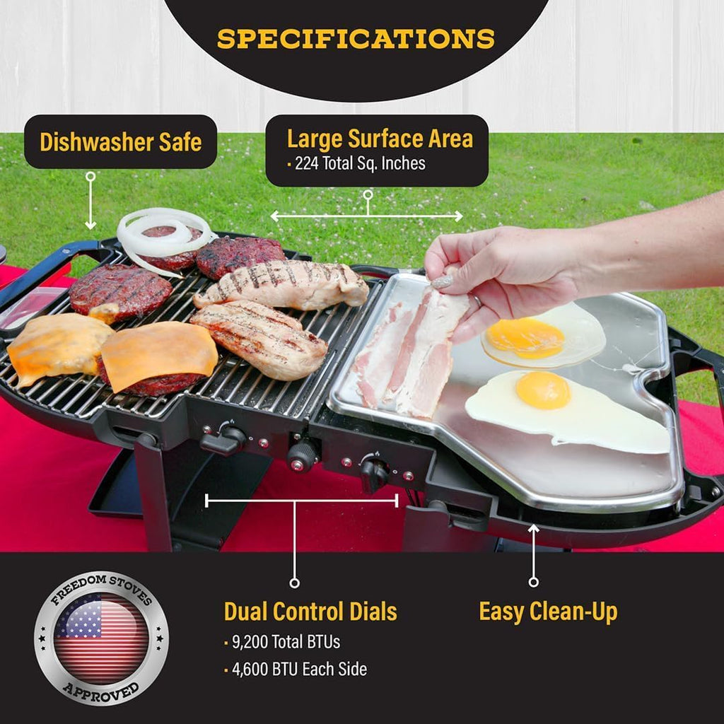 Portable Propane Grill & Griddle Combo by Freedom – Lightweight Foldable Gas Grill (16 lb), Dual Burners 9,200 BTU, Electric Ignition, Tote Included – Ideal for Camping, RV, Tailgating
