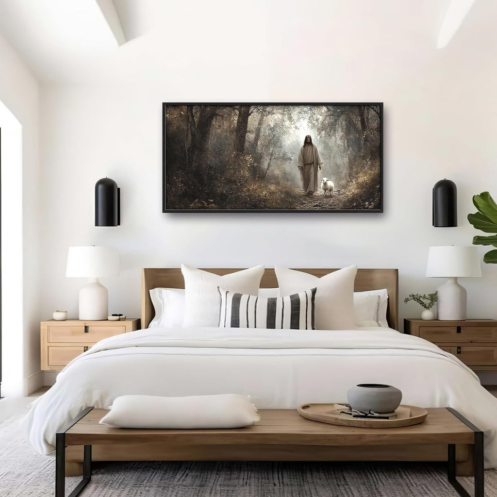 Vintage Christian Large Wall Art Framed Religious Wall Decor for Living Room Jesus Lamb Pictures Oversized Canvas Print Painting Modern Extra Large Artwork for Bedroom Office 60'x30'
