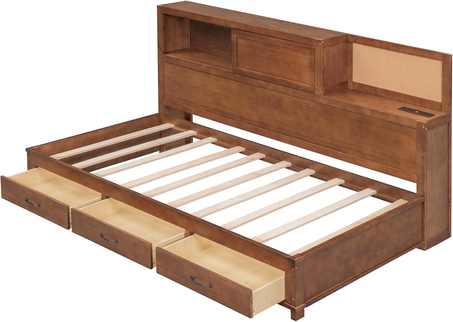 Merax Twin Size Wooden Daybed with 3 Storage Drawers,Headboard with Shelf,A Set of Sockets and USB Ports,Brown