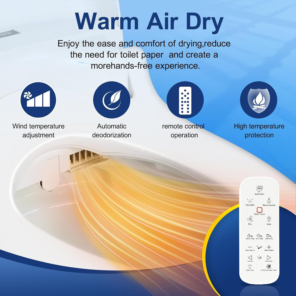 KERDE 08 Smart Electric Bidet Toilet Seat with Warm Air Dryer Heated Adjustable Warm Water Seat Temperature Self-Cleaning Nozzle Easy Installation for Most Toilets Elongated (Remote+Armrest)