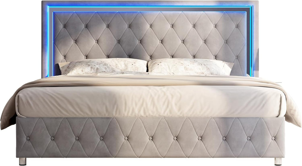 Jocisland Full Bed Frame with LED Lights Headboard&Footboard, Velvet Upholstered Full Size Platform Bed Frame No Box Spring Needed/Light Grey