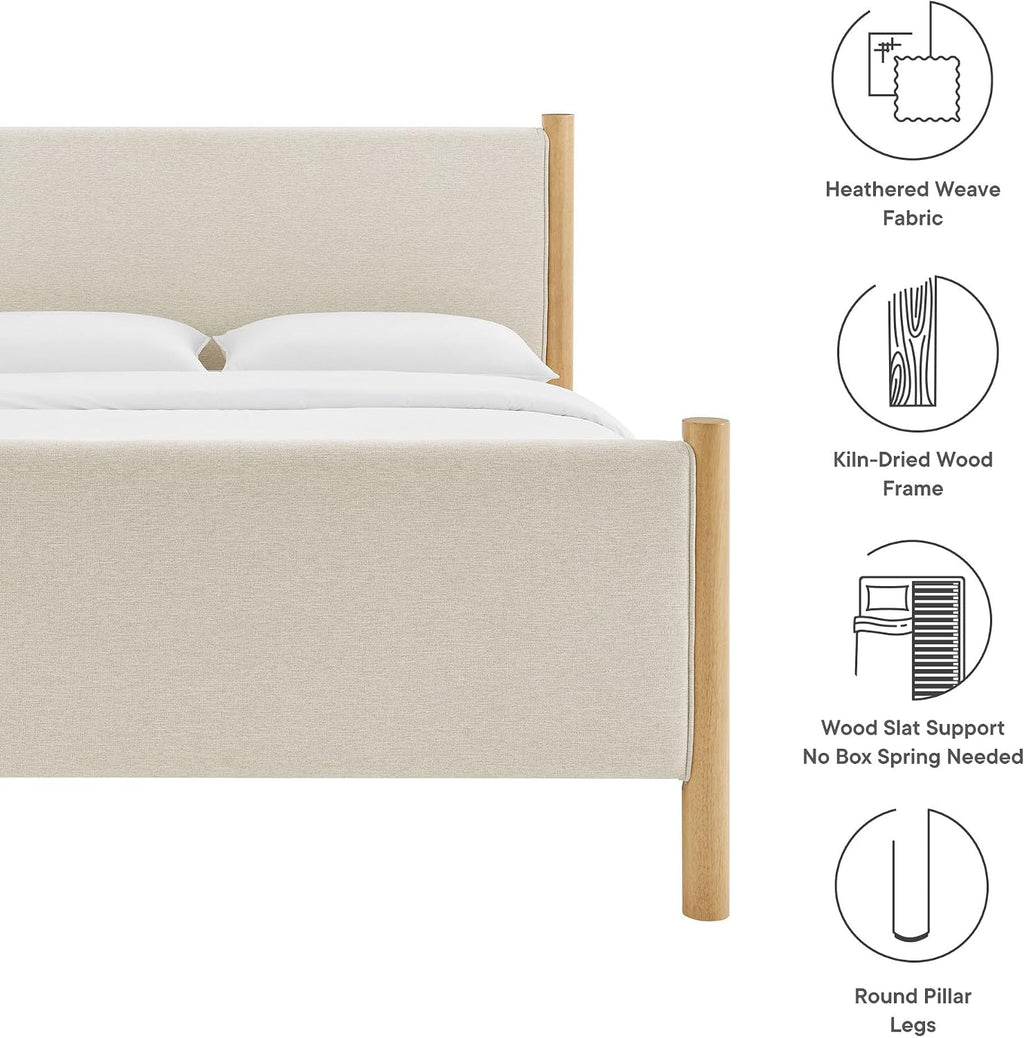 Modway Maven King Size Bed Frame in Ivory Oak with Upholstered Fabric Headboard and Footboard – Wood King Platform Bed Frame – No Box Spring Needed